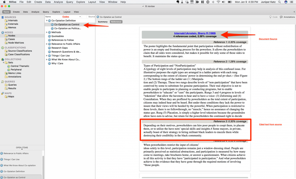 Example of a list of coded text from one document in NVIVO